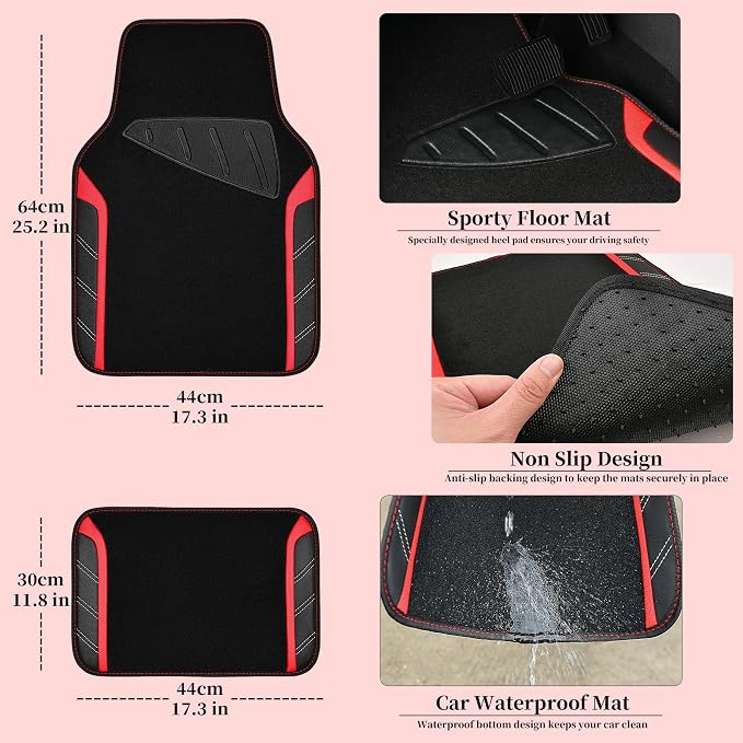 CAR PASS Air Mesh Leather Car Seat Covers for Front Seats, Waterproof Car Floor Mats, Sporty Steering Wheel Cover, Universal Fit for 95% Cars Truck SUV (Black and Red) - Image 5