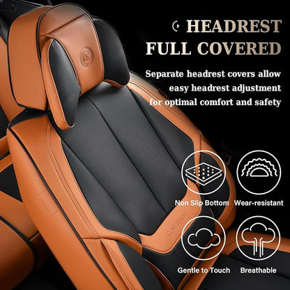 Coverado Universal Seat Covers Full Set, 5 Seats Universal Seat Covers for Cars, Waterproof Nappa Leather Car Seat Covers with Head Pillow, Auto Protectors Fit for Most SUV Pick-up Truck-Black&Brown - Image 5