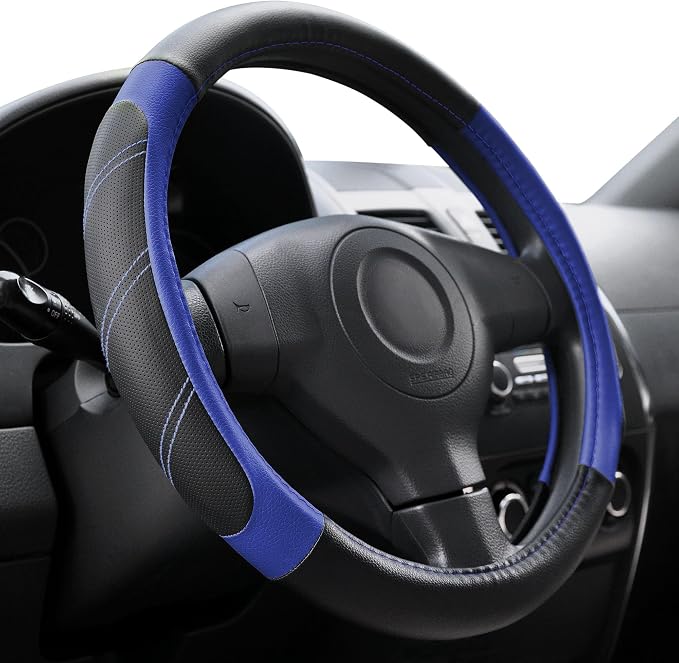 Elantrip Steering Wheel Cover Leather 14 1/2 to 15 inch Universal Padded Soft Grip Breathable for Car Truck SUV Jeep Anti Slip Blue and Black by Elantrip