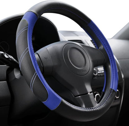 Elantrip Steering Wheel Cover Leather 14 1/2 to 15 inch Universal Padded Soft Grip Breathable for Car Truck SUV Jeep Anti Slip Blue and Black by Elantrip