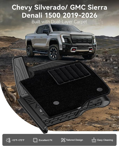 3W Floor Mats & Front Carpet for 2019-2026 Chevy Silverado/GMC Sierra 1500 | 2020-2026 GMC Sierra 2500HD/3500HD Crew Cab, TPE All Weather Accessories 2 Rows Full Set Car Mats - Image 2