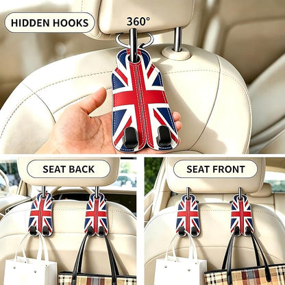 Car Seat Back Headrest Hooks - 2 Pack, Union Jack Pattern Purse Hook for Car, Metal Leather Multifunctional Auto Hanger Organizer for Bags Water Bottles Phones - Image 4