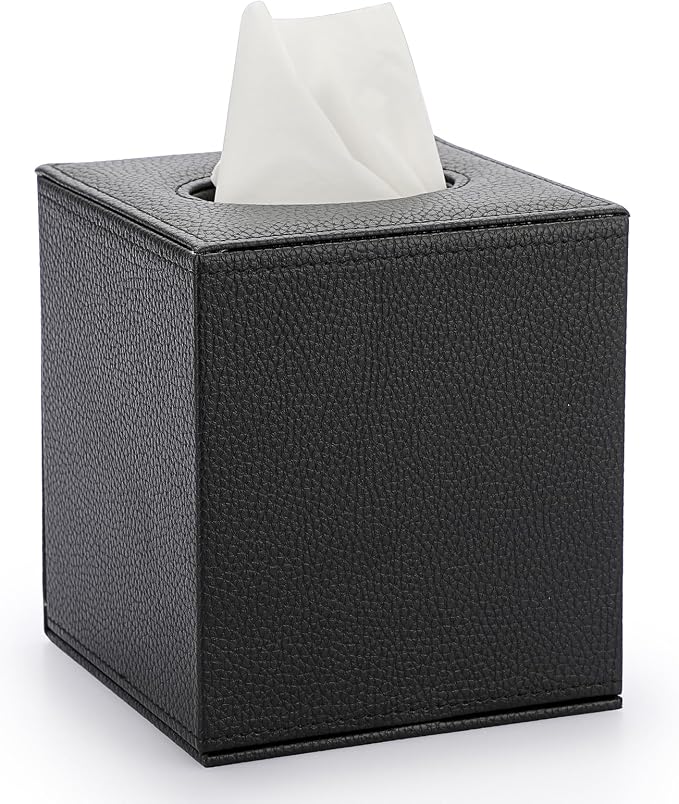 Sumnacon Tissue Box Cover Square,Magnetic Bottom PU Tissue Box Holder,Black | Stylish Cube Leather Tissue Cover,Lychee Pattern, Decorative Tissue Box Covers for Living Room Bathroom Table Desk Office Car by Sumnacon