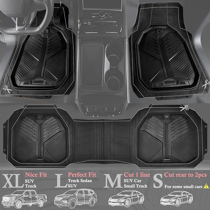 CAR PASS Heavy Duty Rubber Car Mats, Deep-Dish Odorless Car Floor Mats All Weather, Universal Trim-to-Fit for SUVs Trucks Sedans, Waterproof Anti-Slip, 3 Pieces V12 Black - Image 2