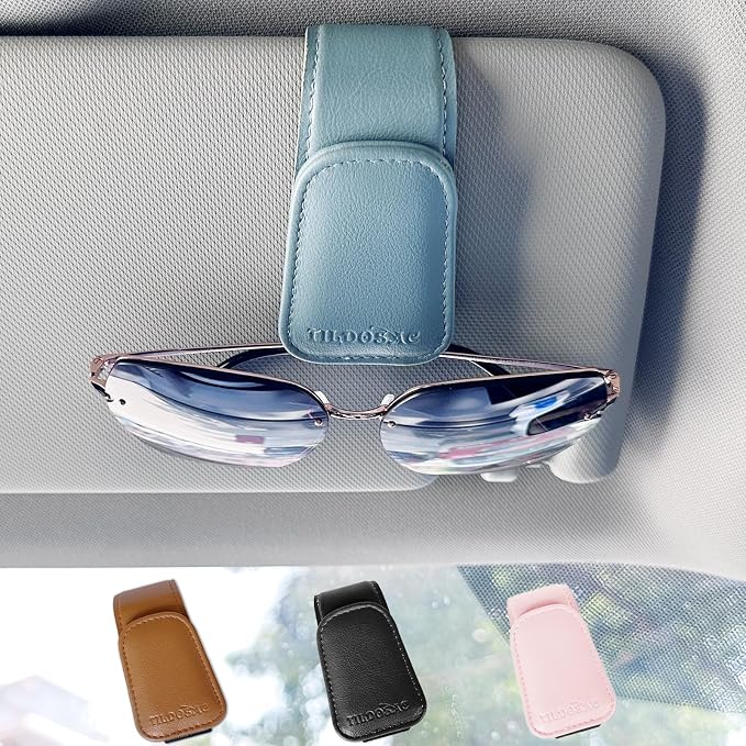 TILDOSAC 2 Pack Sunglasses Holder for Car Visor, Leather Magnetic Sunglass Holder for Car with Clip (Blue) - Image 4
