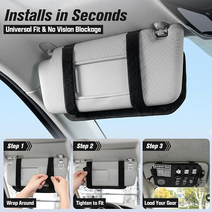 Heavy Duty Car Sun Visor Organizer with Sunglasses Holder | Universal Tactical Organizer, MOLLE Panel, Mesh Pouch + Pen Slots + Zipper Pockets, 1000D Polyester, Esay Installation - Image 8
