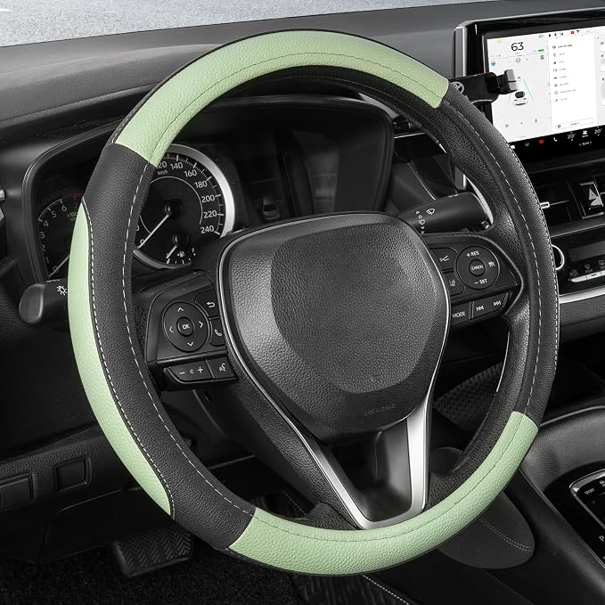 SEG Direct Steering Wheel Cover 14.5-15 inch Car Auto Interior Accessories | Universal Medium Standard Size 37-39cm for Car Truck SUV, Microfiber Leather, Anti-Slip Comfortable Grip, Black Pastel Green by SEGDirect