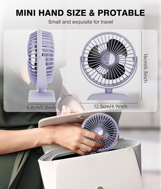 JZCreater USB Desk Fan, USB Fan Mini, 360 Rotation Desktop Fan with 3 Speed, Table Personal Cooling Fan, Quiet Mini Desk Fan, USB Powered, Small Fan for Home Office Bedroom Car Travel, Purple - Image 6