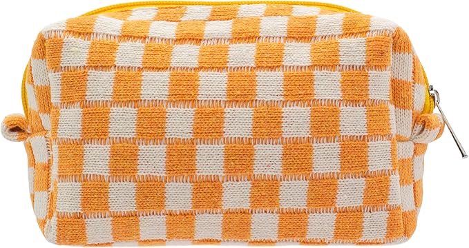 PAZIMIIK Checkered Makeup Bag for Purse Portable Zipper Make Up Pouch Small Cosmetic Case for Travel Accessories (Orange) | Cute Zipper Makeup Organizer for Women, Travel Essentials, Toiletries, Makeup Brushes, Beauty Accessories&Bridesmaid Gifts by PAZIMIIK