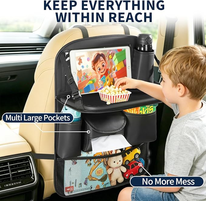 Backseat Car Organizer with Foldable Tray Table (1 Pack) | Premium PU Leather Seat Back Organizer with Tablet Holder, Large Pockets, Kick Mat for Family Travel and Daily Use - Image 2