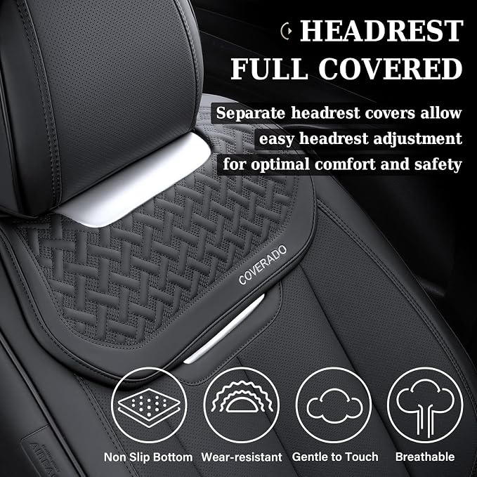 Coverado Car Seat Covers Full Set, Luxury Nappa Leather Seat Cover, Universal Seat Covers for Cars, Front and Back Waterproof Seat Cover Car Seat Protector Fit for Most Cars(Black) - Image 5