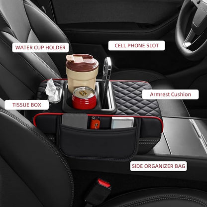5 in 1 Nappa Leather Console Armrest Cover, Black Red Stitch | Built-in cup holder, tissue slot, phone holder & 2 storage pockets, practical car accessories fit SUV sedan truck - Image 2