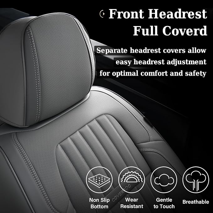 Coverado Front Seat Covers, Car Seat Cover, Gray Seat Covers for Cars, 2PCS Car Seat Protector, Waterproof Faux Leather Car Seat Cushion, Luxury Seat Cushions, Auto Seat Covers Fit for Most Vehicles - Image 6