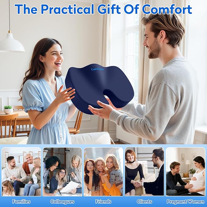 CushZone XXL Memory Foam Seat Cushion for Office & Car, Blue | U-shaped Coccyx Cutout, Contoured Design, Breathable Removable Mesh Cover, Non-Slip Base, Carry Handle - Image 6