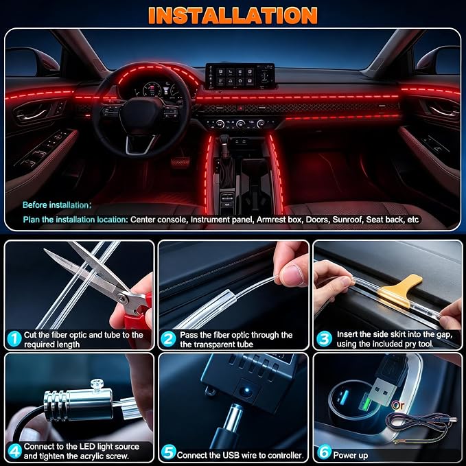 Jushope Interior Car LED Strip Lights, RGB 5 in 1 Car Ambient Lighting Kit | Wireless APP & RF Remote Control 16 Million Colors Music Sync, 236 inches Fiber Optic LED Lights for Car, USB or Hardwire - Image 6