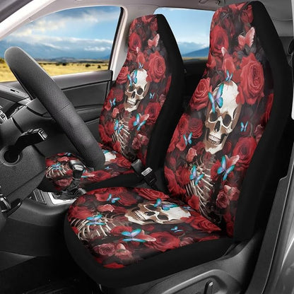 Red Rose Skull Floral Car Seat Cover Front Bottom Seat Cushion Cover, Butterfly Front Seat Covers Universal fits most Cars, SUVs, and Trucks, Washable and Easy to Install - Image 2