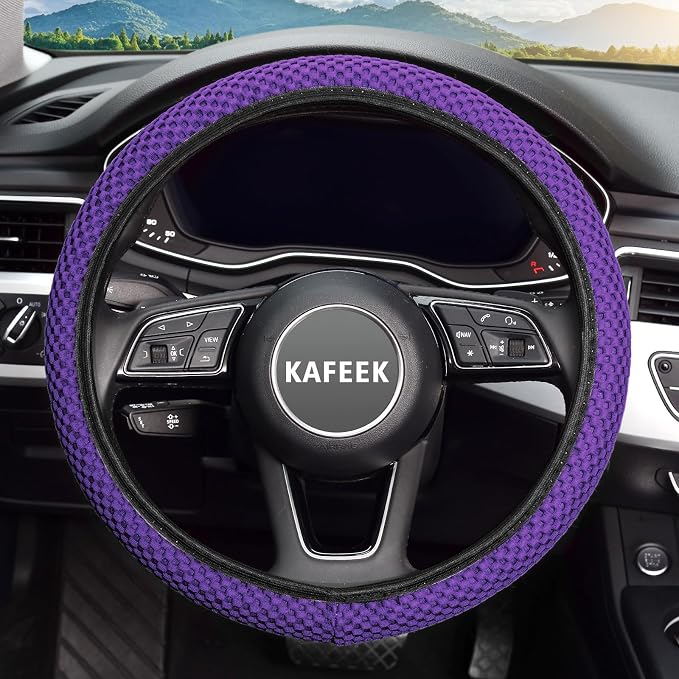 KAFEEK Elastic Stretch Steering Wheel Cover, Universal 15 Inch, Purple | Breathable Ice Silk Microfiber, Non-Slip Grip, Warm in Winter and Cool in Summer, Odorless - Image 2