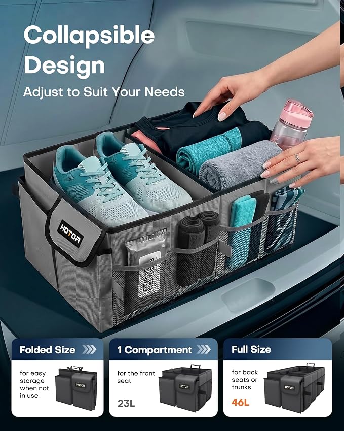 HOTOR Trunk Organizer - Foldable Car Organizer for SUVs & Sedans Storage | Sturdy Car Organization for Men & Women, Car Accessories, Tools, Sundries, Grey, 2 Compartments, 23.6" x 14.2" x 10.6" - Image 5