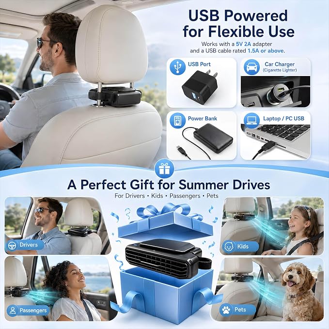 2026 New 5 Speed Car Seat Fan for Baby Rear Facing, Ultra-Quiet Portable Car Fans for Backseat For Kids, Portable Car Ac Fan with Fragrance Cooling for Almost Vehicle Jeep Van Rv Truck (1) - Image 7