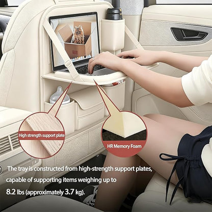 Universal Foldable Car Backseat Organizer with Table Tray, Car Seat Back Protector with Touch Screen Phone Holder, Premium Leather Kick Mats with Storage Pockets Tissue Holder (Beige) - Image 2