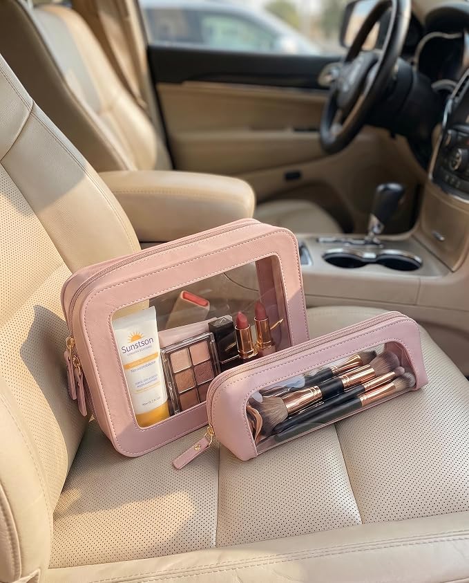 Makeup Bag Set Cosmetic Pouch for Women Waterproof PU Leather,Travel Toiletry Bag Cute Makeup Organizer Purse Pouch Preppy Pencil Case with Zipper (2Pack-Standard&Slim, Light Pink) - Image 5