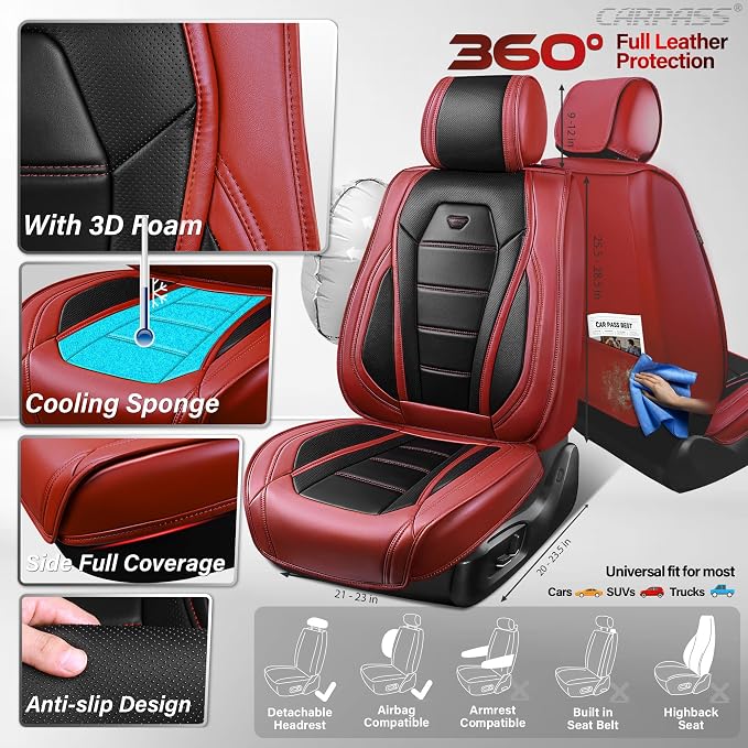 CAR PASS Nappa Leather Car Seat Covers Full Set Faux Leather, Black Red | Luxury Nappa Leather,360° Full Protection,Water resistant,3D Foam Comfort,Universal Fit for Most Cars SUV Truck,Scratch proof - Image 4
