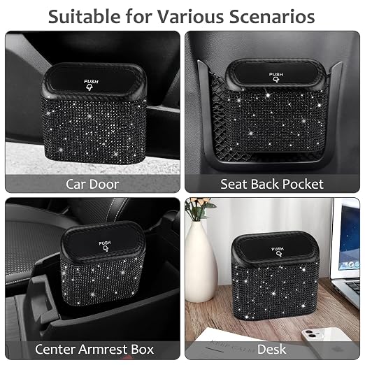 Accmor Bling Car Trash Can with Lid, Mini Vehicle Trash Bin, Car Dustbin Garbage Organizer with 60 Trash Bag, Leakproof Auto Storage Bag Container for Car, Home, Office (Carbon Fiber&Black Rhinestone) - Image 7