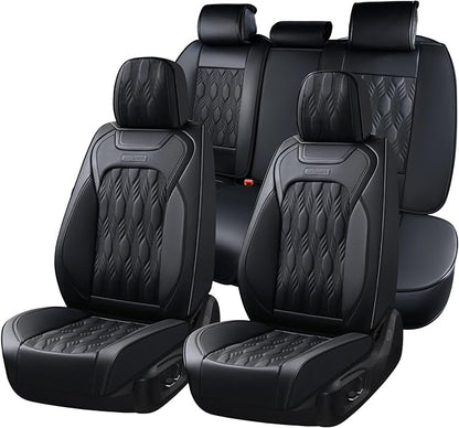 Coverado Car Seat Cover, Black Luxury Seat Cover for Cars, Premium Nappa Leather Seat Covers Full Set with Embossed Pattern, Waterproof Car Seat Protector Car Seat Cushions Universal Fit Most Vehicle by COVERADOAUTO