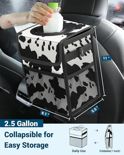 Capolo Car Trash Can with Lid, Leakproof Car Garbage Can Car Trash Bag | Waterproof, Trash Can for Car, 3 Mesh Pockets, Mini Hanging Vehicle Car Trash Bin, for Back/Front Seat (Cow Print,2.5 Gal) - Image 2