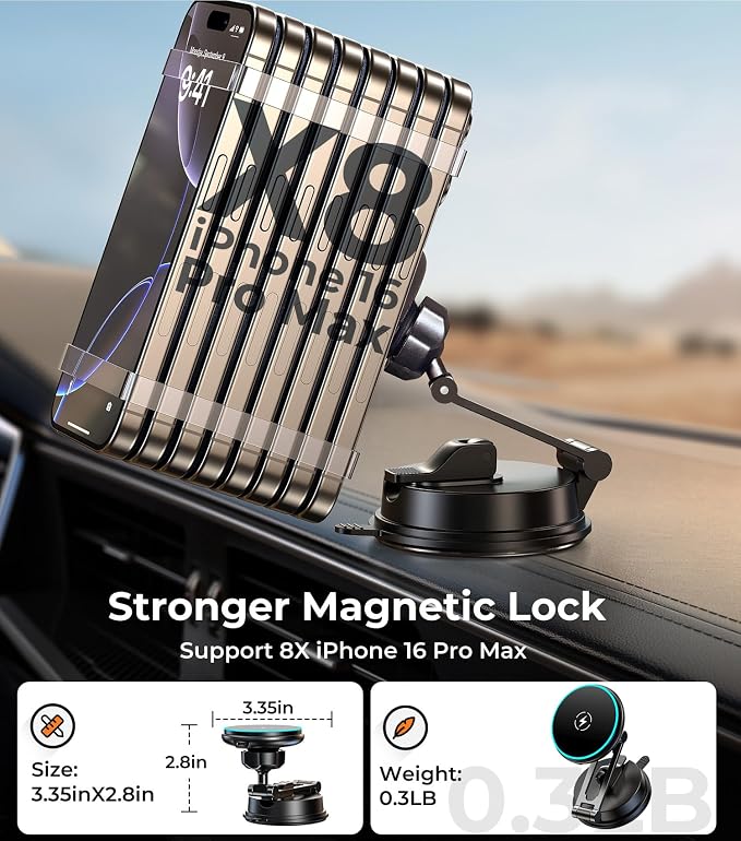 Certified Qi2 Car Phone Mount Charger for MagSafe, 360° Adjustable & Folding Arm, Universal Dashboard Windshield Mirror Screen Magnetic Holder for Tesla Model 3/Y Accessories & iPhone 17/16/15 Pro Max - Image 9