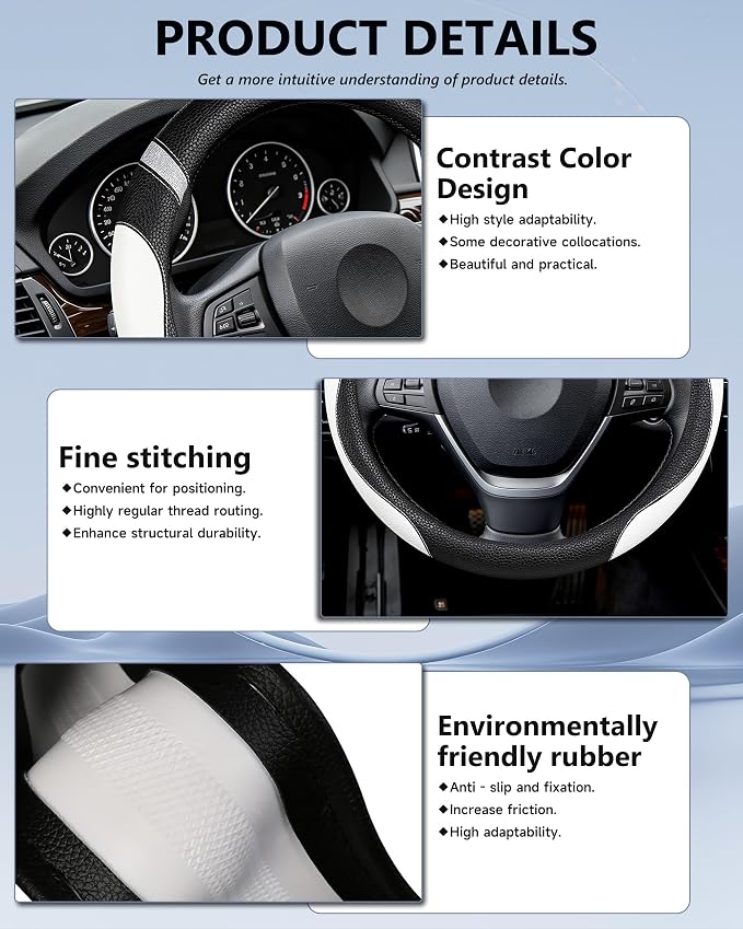 Steering Wheel Cover for Women Leather Universal Steering Wheel Cover for Car 15 inch (White) - Image 5