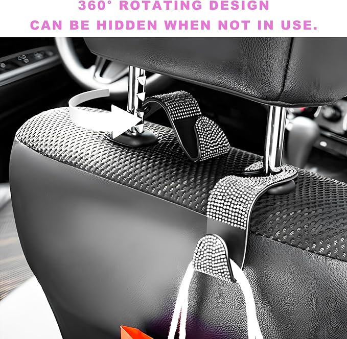 4 PCS Bling Car Seat Headrest Hooks, Rhinestone Vehicle Backseat Storage Hanger Backpack Hook, Sparkly Multi-Functional Headrest Purse Holder for Car Truck SUV RV (White) - Image 4
