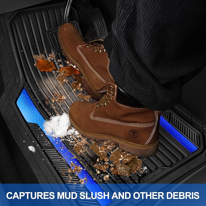 CAR PASS Heavy Duty Rubber Car Mats Metallic,Aluminum Film All Weather Floor Mats Waterproof Universal Trim to Fit Automotive SUV Sedan Van 4 Piece Anodized Deep Dish Two-Tone Sporty Black Blue Chrome - Image 7