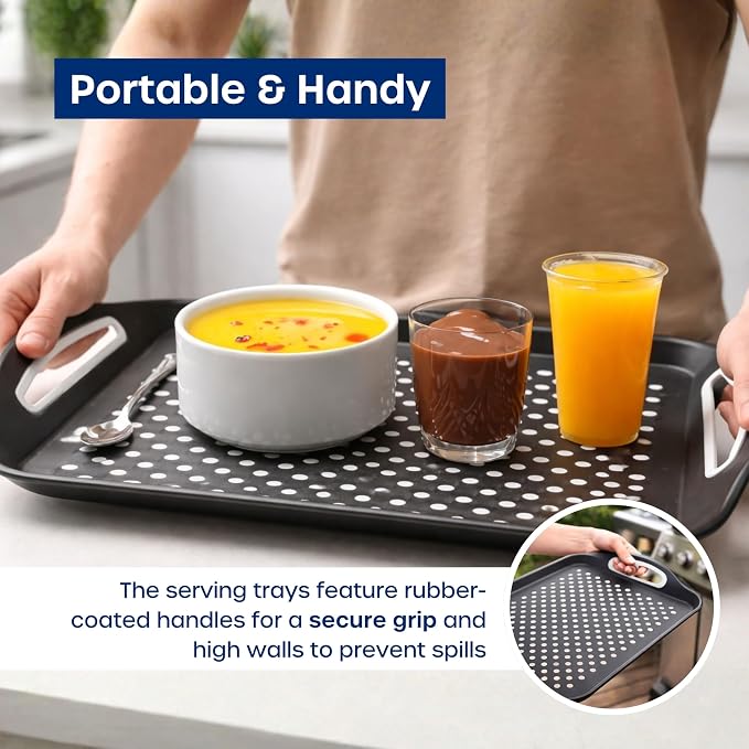 Food Trays for Eating on Couch - 2 Pack - Non Slip Dinner Trays for Eating Set of 2 Non Slip Serving Tray and Food Tray with Handles (Black & White) - Image 7