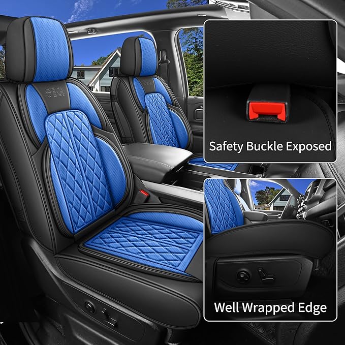 Car Seat Cover Custom Fit for Dodge Ram 1500 2500 3500 2009-2026 Faux Leather Seat Cover Set Compatible with Crew Quad Regular Cab Pickup Truck Cushions (Black & Blue, Full Set, Flat Rear) - Image 3
