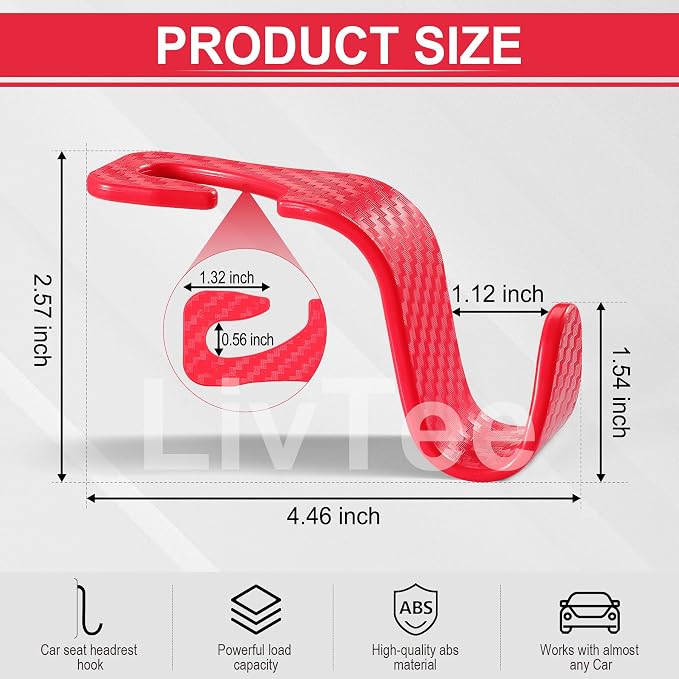 LivTee Car Purse Hook, Headrest Hook for Car, 4 Pack Universal Auto Car Seat Headrest Hook Hangers Organizer for Purse Coat Umbrellas Grocery Bags Handbag, Car Accessories - Carbon Fiber Red - Image 3
