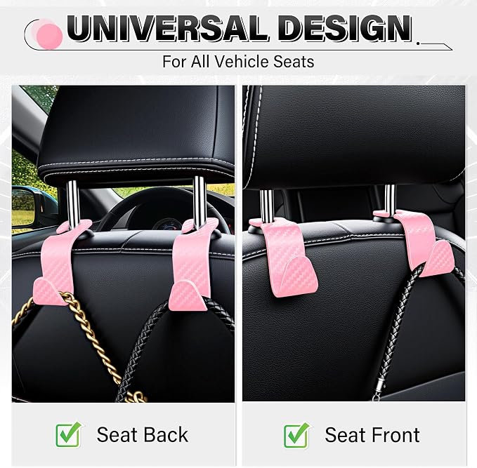 SINGARO Universal 2 Pack Car Seat Headrest Purse Hook, Carbon Fiber Back Seat Hook Storage Organizer Hanger for Purse Handbag Coat, Car Interior Accessories(Pink) - Image 4