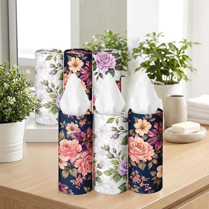 Arttown Car Tissue Holder for Cup Holder Facial Tissues 12 Pack Floral Pink | Flowers Bulk 3-Ply,Refillable Marble Print Cylinder Tissue Boxes,Fit Car Home Office School (600 Sheets Total,50 Sheets Each) - Image 6