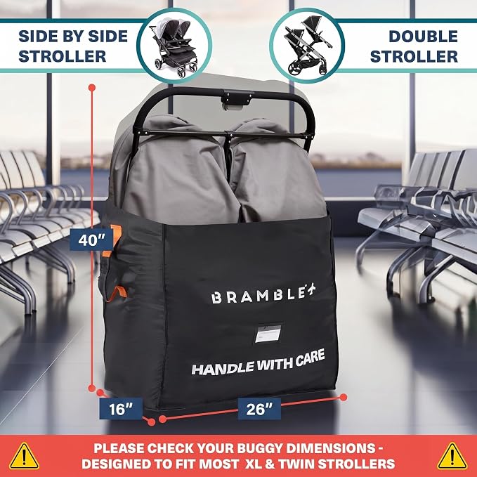 Bramble - XL Double Stroller Bag for Airplane Gate Check - Water Resistant Ballistic Nylon Travel Bag with Padded Neoprene Straps, Carry Pouch & ID Window - 39 x 26 x 16 Inches (Black) - Image 2