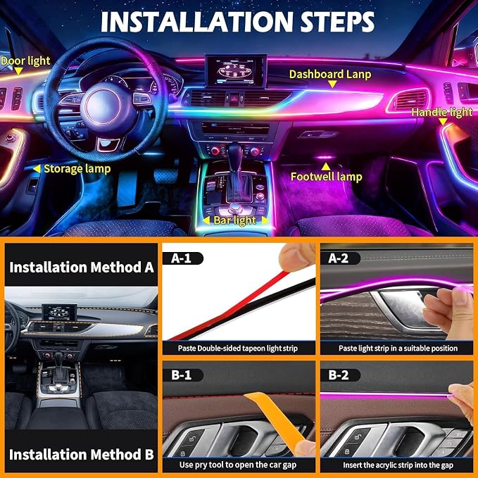 Interior Car LED Strip Lights, 8-in-1 Acrylic RGB Ambient Lighting Kit | Dynamic Dreamcolor Chasing, Music Sync, Wireless APP & RF Remote Control for Car Interior Ambient Lighting - Image 7