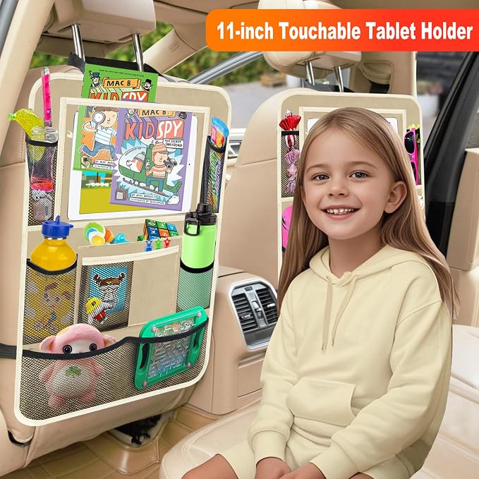 Car Backseat Organizer ，2 Pack Car Organizer Back Seat with 11" Tablet Holder, 10 Storage Pockets Seat Back Protectors Kick Mats for Kids Toddlers, Travel Accessories (Beige) - Image 2