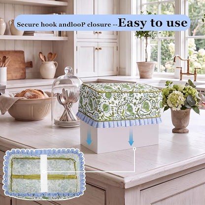 Block Print Fabric Tissue Box Cover, Floral Cluster, Bean Green | Rectangular Ruffle Sleeve, Decorative Holder for Bathroom Vanity Car, Napkin Dispenser Grand Millennial Boho Decor Home - Image 4