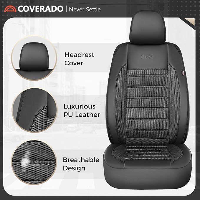 Coverado Car Seat Covers Front Seats Luxury Leather Automotive Mesh 2 Pack Airbag-Compatible Universal Fit Seat Protector Seat Cushion for SUV Sedan Truck Black - Image 4