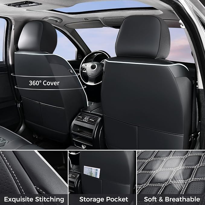 Huidasource 2007-2017 Wrangler JK Seat Covers 2 Door Full Set, Black&White | Waterproof Leather Custom Car Seat Cover, JK Seat Cushion Protector Fit for Jeep Wrangler JK 2-Door Sahara Sport Rubicon - Image 3