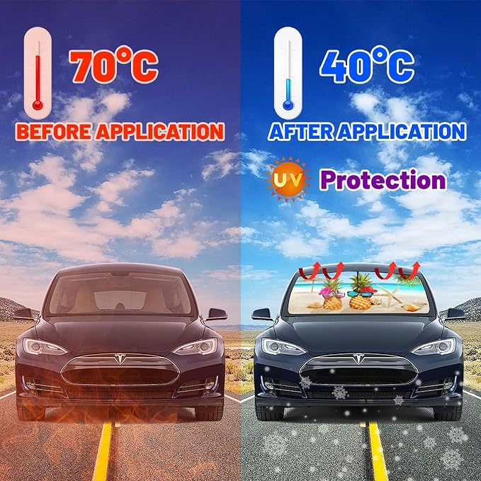 Beach Pineapple Car Windshield Sun Shade Umbrella Automotive Windshield Sunshade Foldable Front Car Accessories Interior Decor to Keep Vehicle Cool for Most Vehicles 57'' X 30'' - Image 6