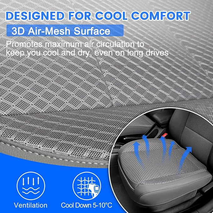 2 Pack Gray Ventilated Bottom Car Seat Cover | 3D Air Mesh, PU Leather, Breathable, Front, with Storage pocket, Universal Fit for Car Truck SUV, Easy to Install - Image 3