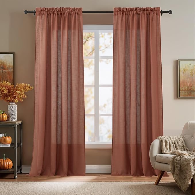 RYB HOME Flax Linen Blend Curtains 90 inches Long for Living Room | Fall Decor, Light Filtering, Semi Translucent, Window Treatments, Terracotta, W52 x L102, 2 Panels by RYBHOME
