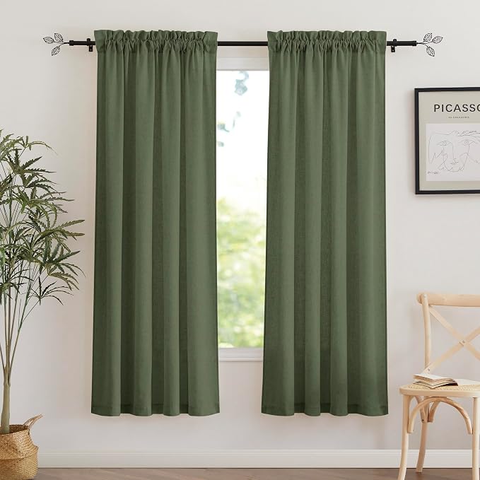 RYB HOME Linen Sheer Curtains 2 Panels for Living Room, Semi Transparent Privacy Drapes with Rod Pocket Farmhouse Style Window Treatments for Bedroom, Olive Green, 52" W x 90" L by RYBHOME