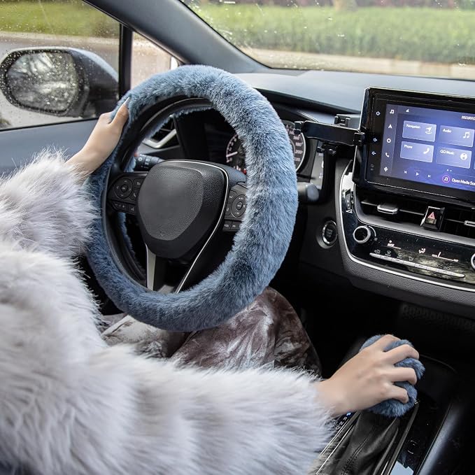 SEG Direct Furry Steering Wheel Cover Fluffy Fuzzy Gear Shift, Blue Gray | Gear Shift Cover, 2 PCS Set, Soft and Warm, Cute Fur Auto Car Decor, Standard Size 14.5- 15 inch for Women Men - Image 6