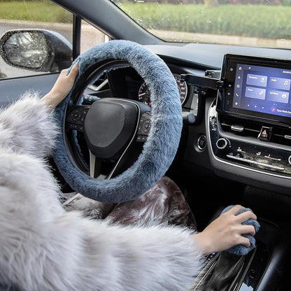 SEG Direct Furry Steering Wheel Cover Fluffy Fuzzy Gear Shift, Blue Gray | Gear Shift Cover, 2 PCS Set, Soft and Warm, Cute Fur Auto Car Decor, Standard Size 14.5- 15 inch for Women Men - Image 6